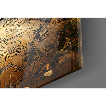 Golden metallic Spartan helmet glass wall art with intricate figures
