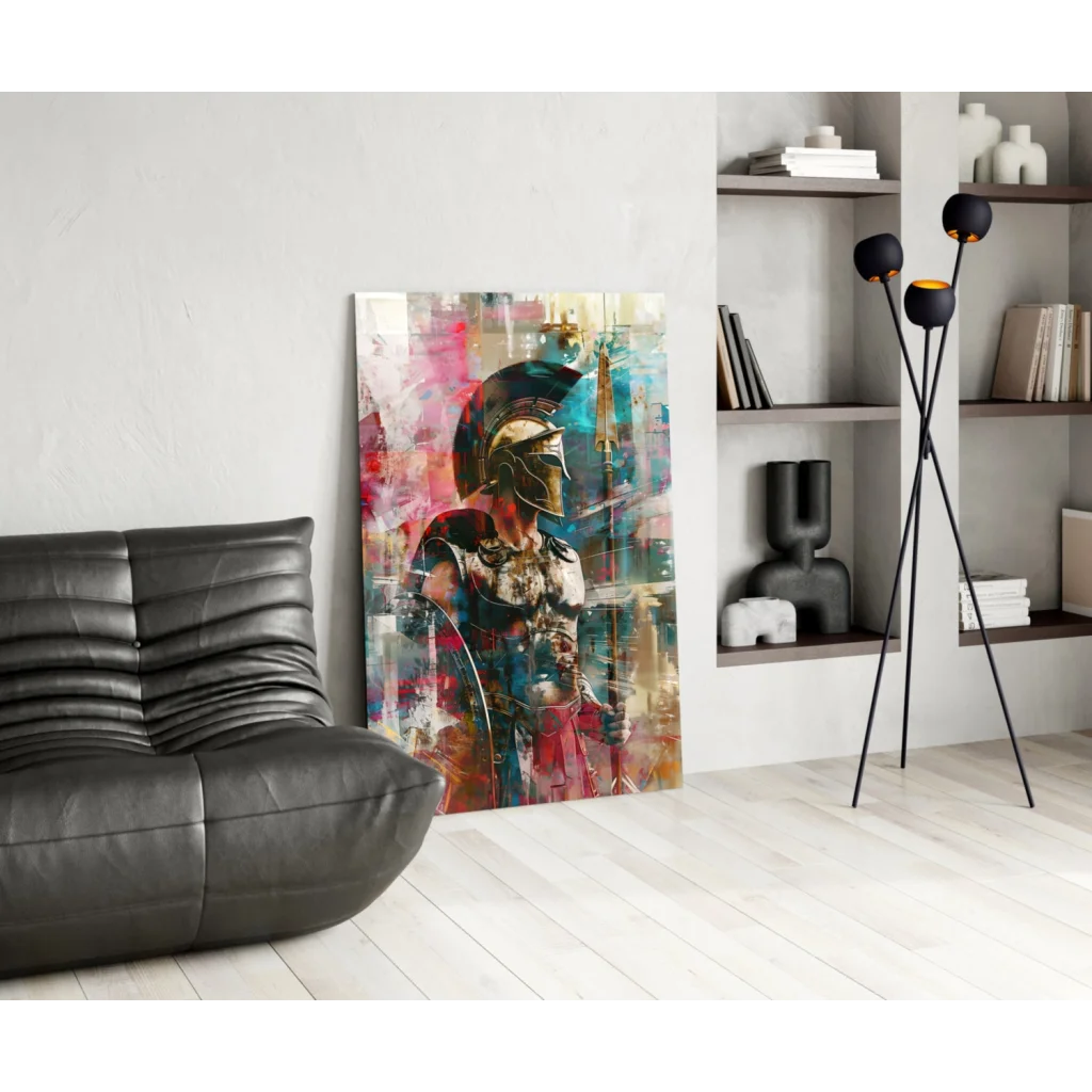 Vibrant spartan warrior glass wall art in bold pink teal red