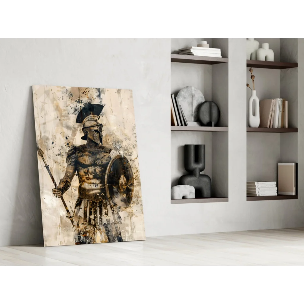 Spartan warrior glass wall art canvas print in gold black armor