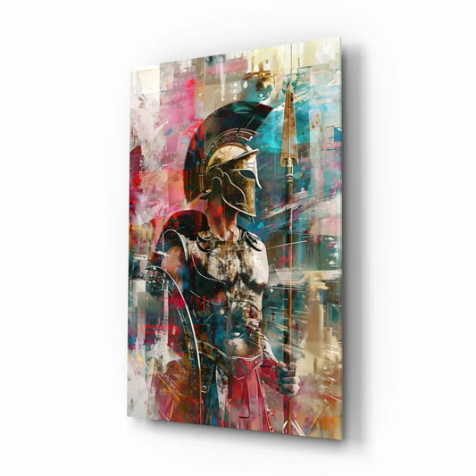 Abstract spartan warrior glass wall art in gold armor and bold colors