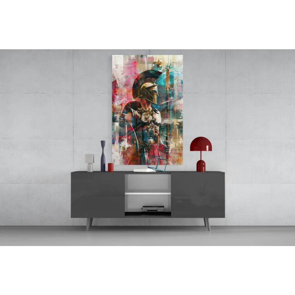 Abstract spartan warrior glass wall art in bold pink red blue teal colors