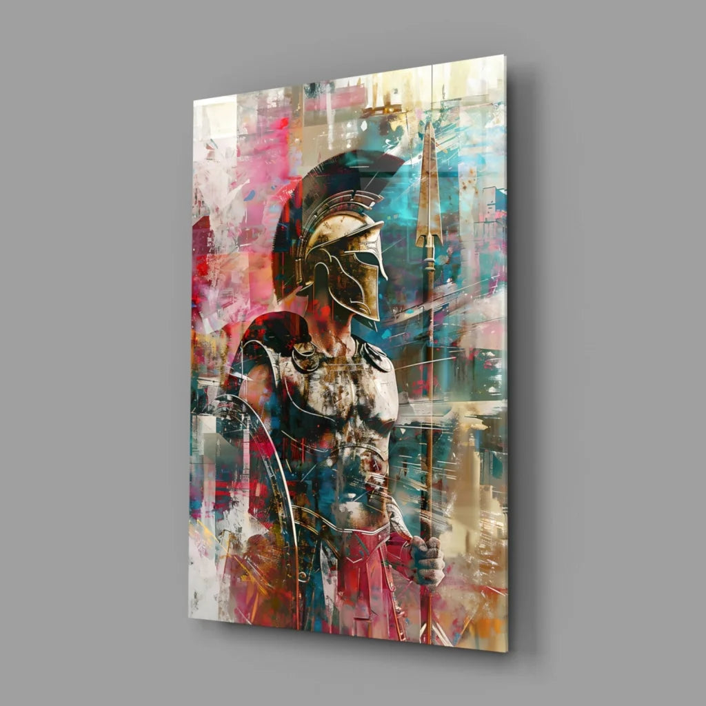 Spartan warrior glass wall art in bold abstract colors