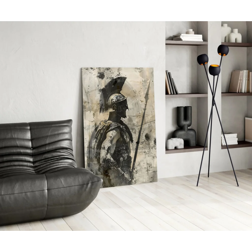 Abstract spartan warrior glass wall art print in black beige tones