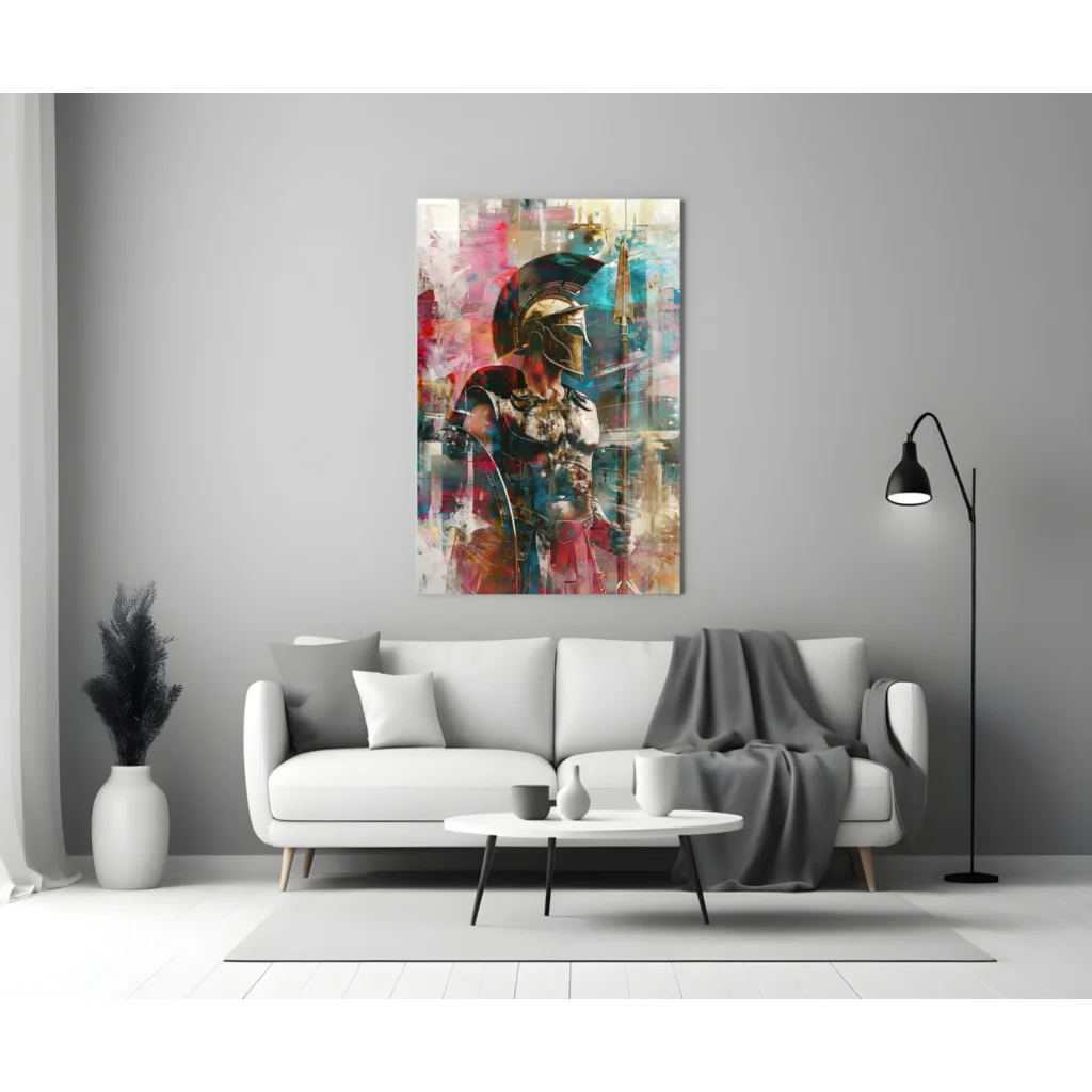 Abstract Spartan warrior glass wall art in vibrant colors