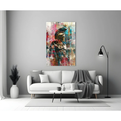 Abstract Spartan warrior glass wall art in vibrant colors