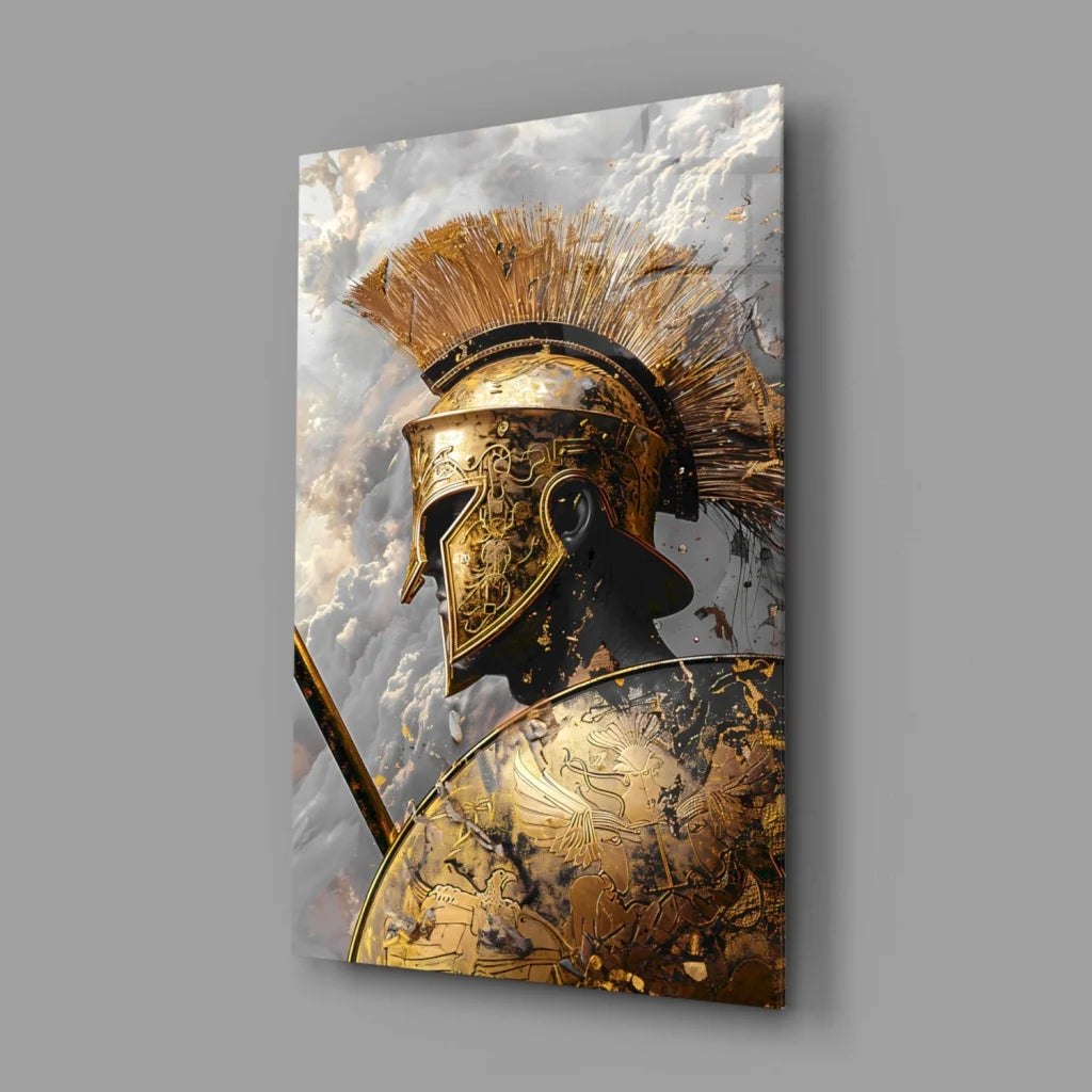 Spartan Helmet Glass Wall Art with Golden Metallic Finish | Glass Wall Art Print | vintageantiquesgifts.com