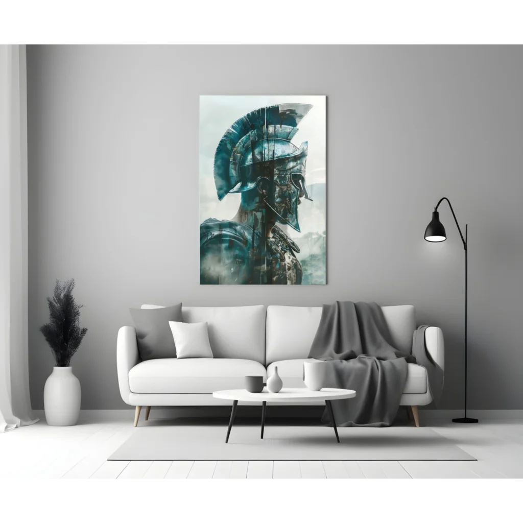 Teal and black Spartan helmet glass wall art on display