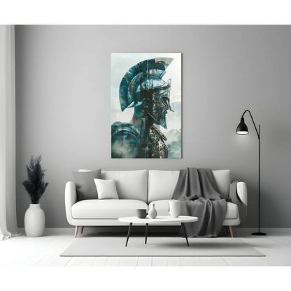 Teal and black Spartan helmet glass wall art on display