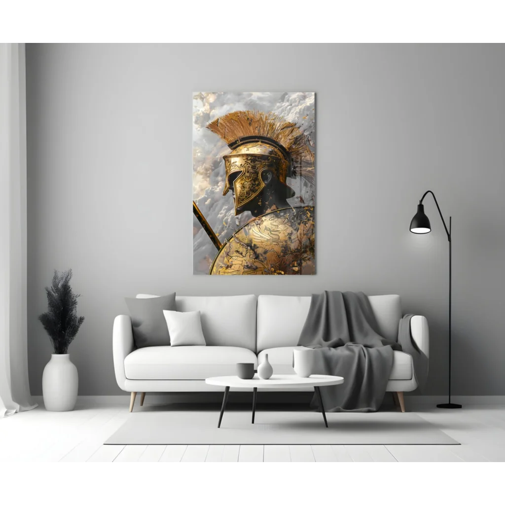 Spartan Helmet Glass Wall Art with Golden Metallic Finish | Modern Wall Art Decor | vintageantiquesgifts.com