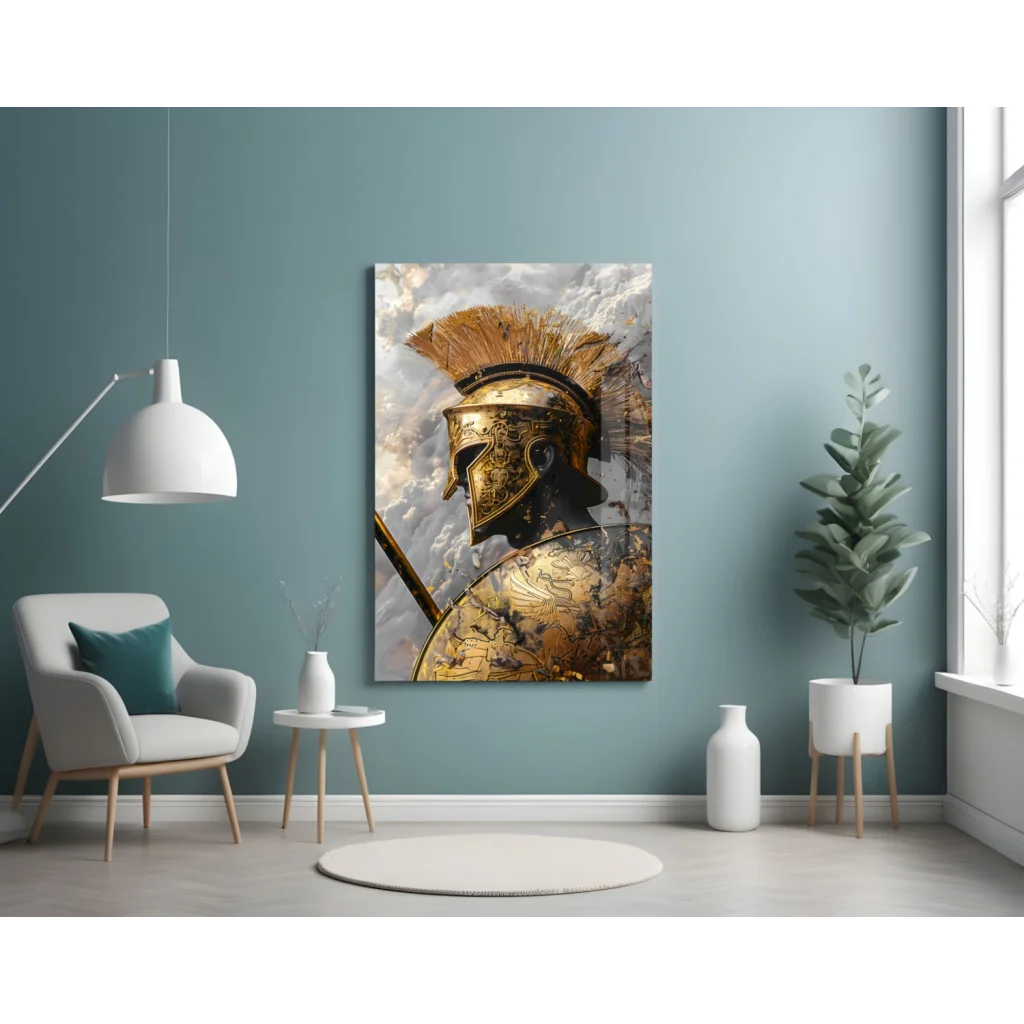Spartan Helmet Glass Wall Art with Golden Metallic Finish | Contemporary Home Wall Art | vintageantiquesgifts.com