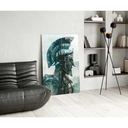 Striking teal black Spartan helmet glass wall art portrait