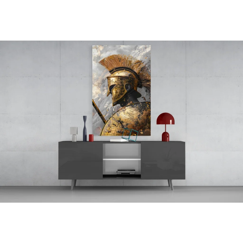 Golden spartan helmet glass wall art with intricate details