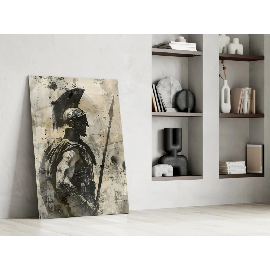 Spartan warrior profile on black beige distressed glass wall art print