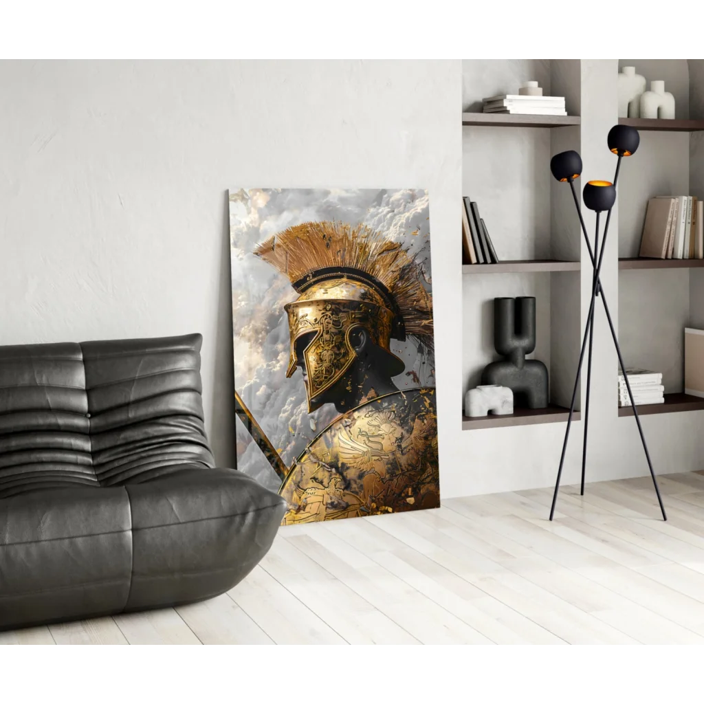 Golden spartan helmet glass wall art with intricate detailing and feathered crest