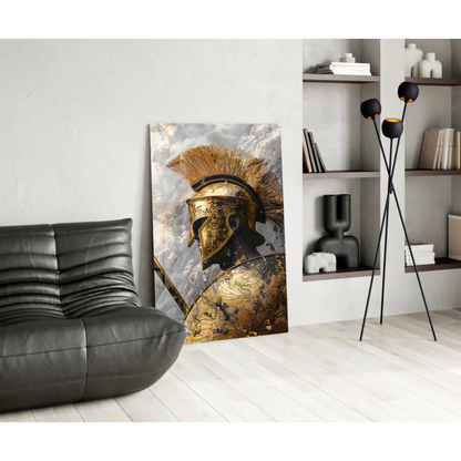 Golden spartan helmet glass wall art with intricate detailing and feathered crest