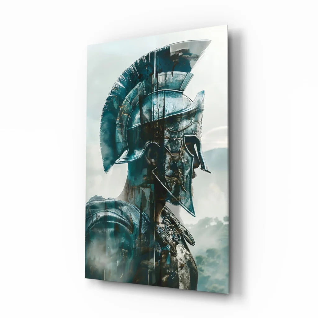 Spartan warrior glass wall art in metallic teal and black