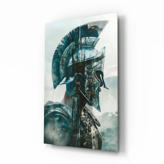 Spartan warrior glass wall art in metallic teal and black