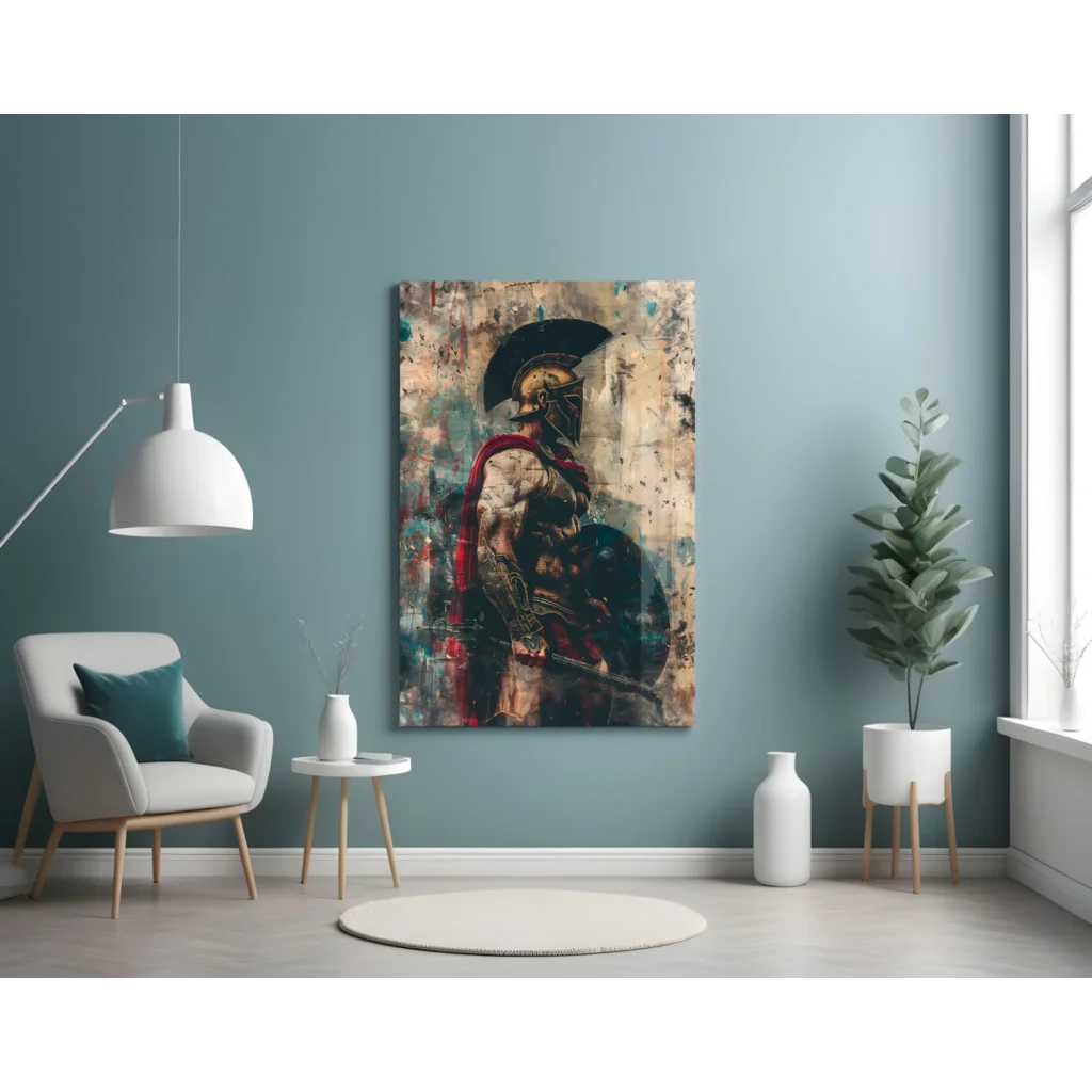 Spartan warrior wall art on teal background with epic battle design