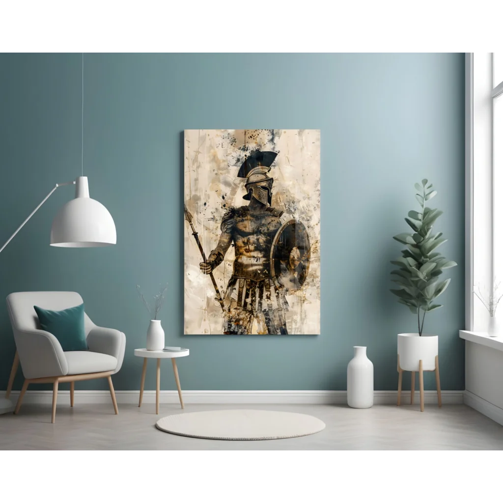 Spartan warrior glass wall art canvas print in gold black armor