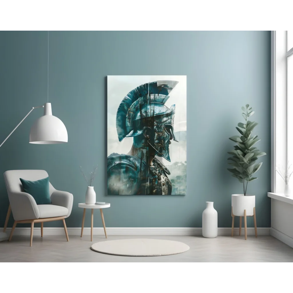 Modern teal black Spartan helmet glass wall art on canvas