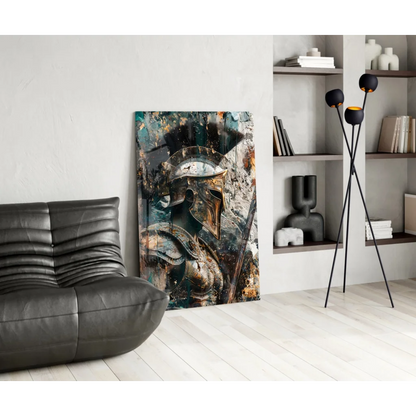 Spartan warrior glass wall art with metallic gold silver helmet on teal black brown background