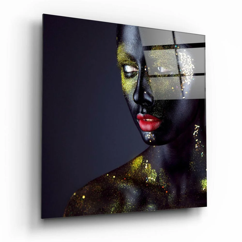Glamorous black gold glitter glass wall art portrait on sleek panel