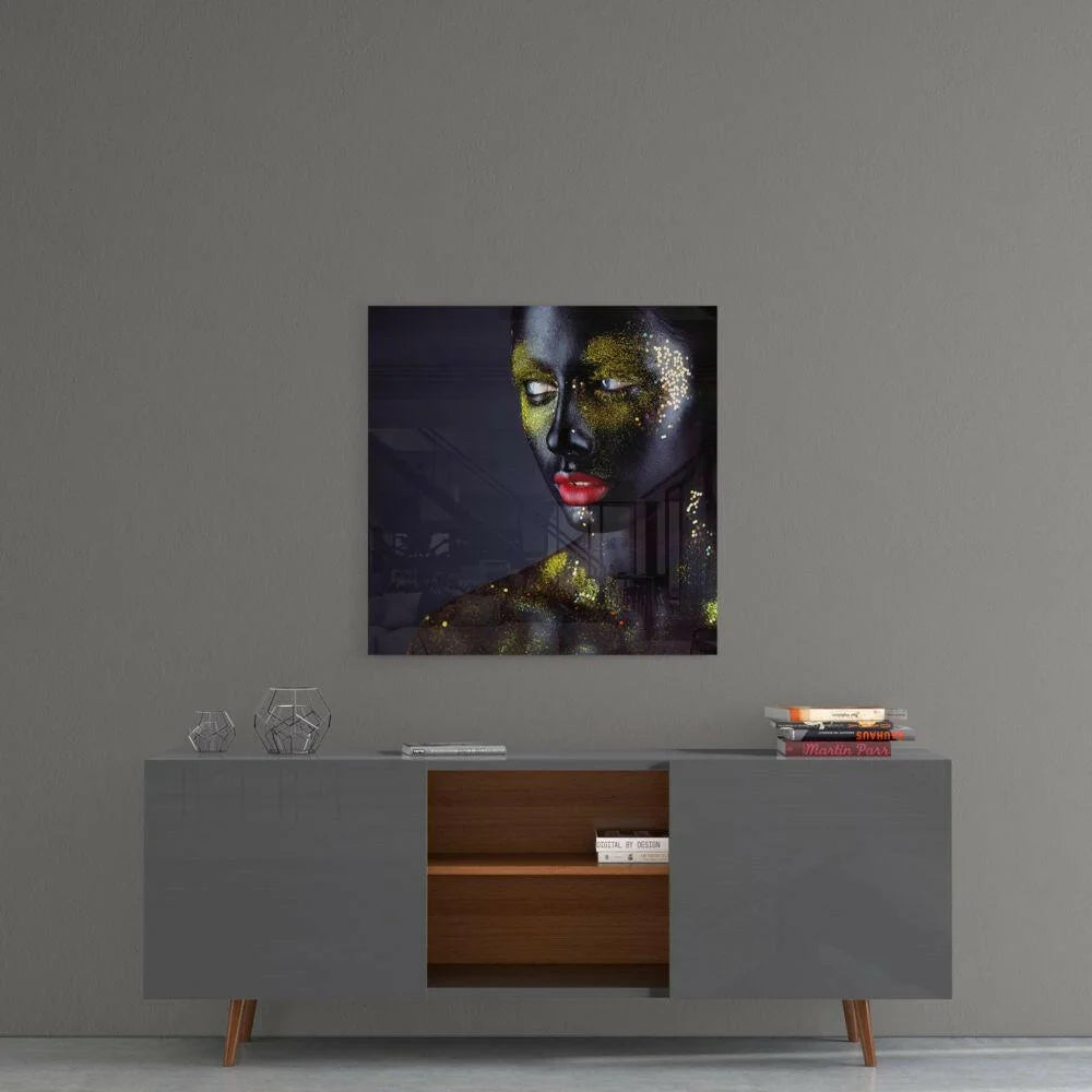 Glamorous black gold glitter glass wall art portrait of woman with shimmering cheeks and bold red lips