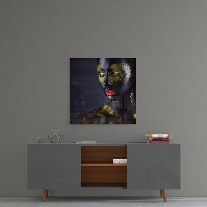 Glamorous black gold glitter glass wall art portrait of woman with shimmering cheeks and bold red lips