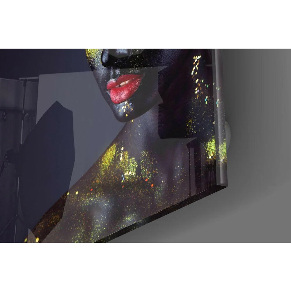Glamorous black gold glitter glass wall art portrait of womans face