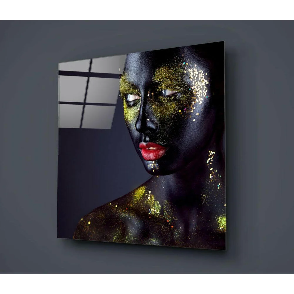 Glamorous black gold glitter glass wall art portrait of woman with red lips