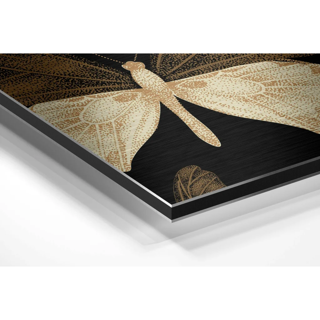 Glass Wall Art Black and gold dragonfly art on brushed aluminium dibond frame