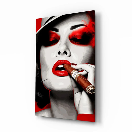 Glamorous red lips glass wall art with glossy finish and red white cigar gold band