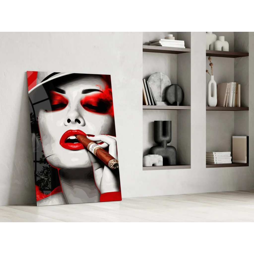 Glamorous red lips glass wall art with glossy finish