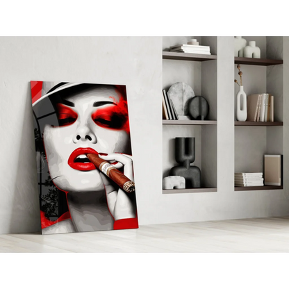 Glamorous red lips glass wall art with glossy finish