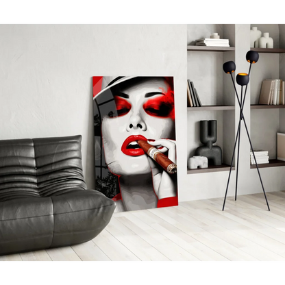 Glamorous red lips glass wall art with glossy lipstick tube