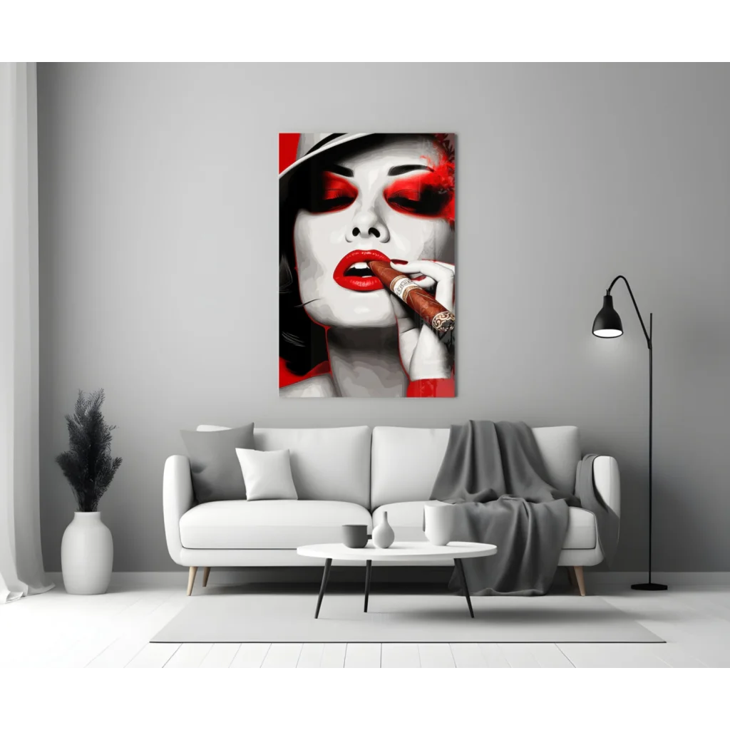 Glamorous red lips glass wall art with glossy finish