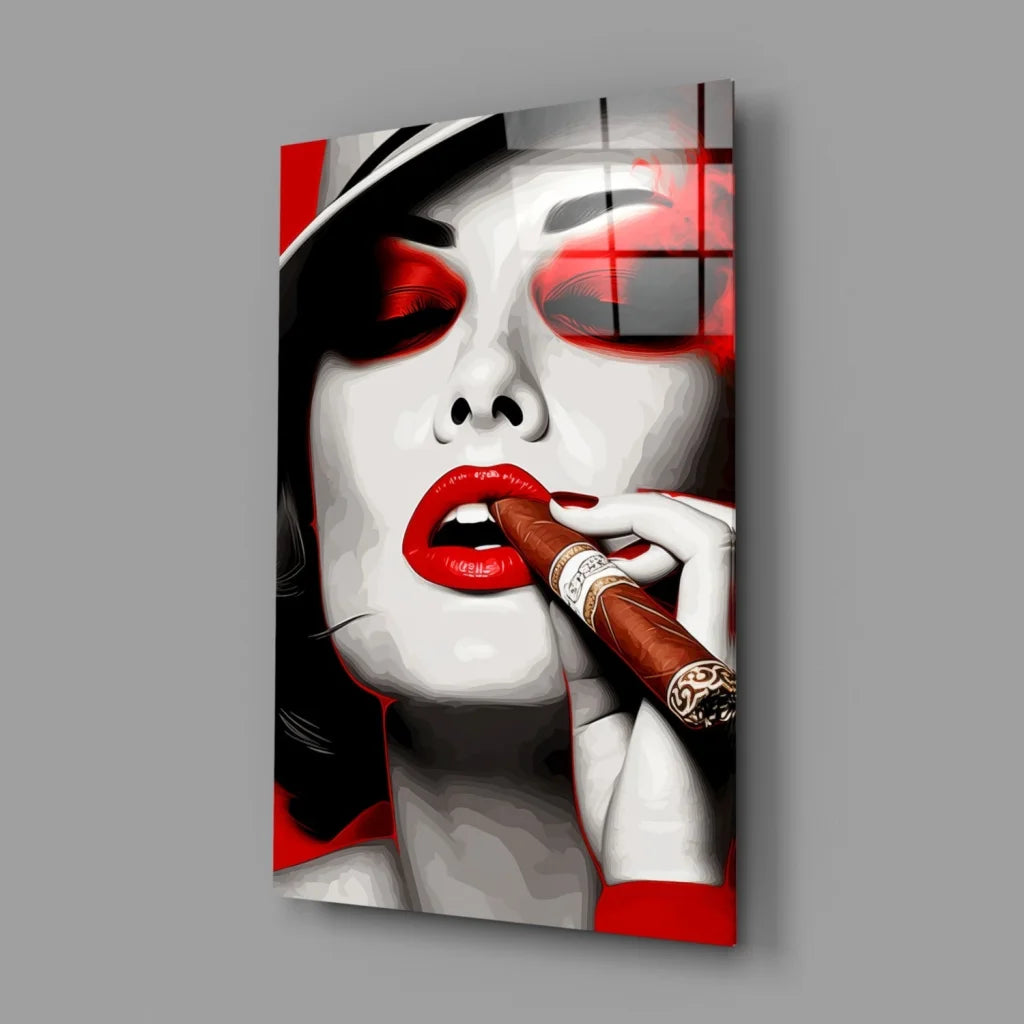 Glamorous red lips glass wall art with glossy finish and red white cigar gold band