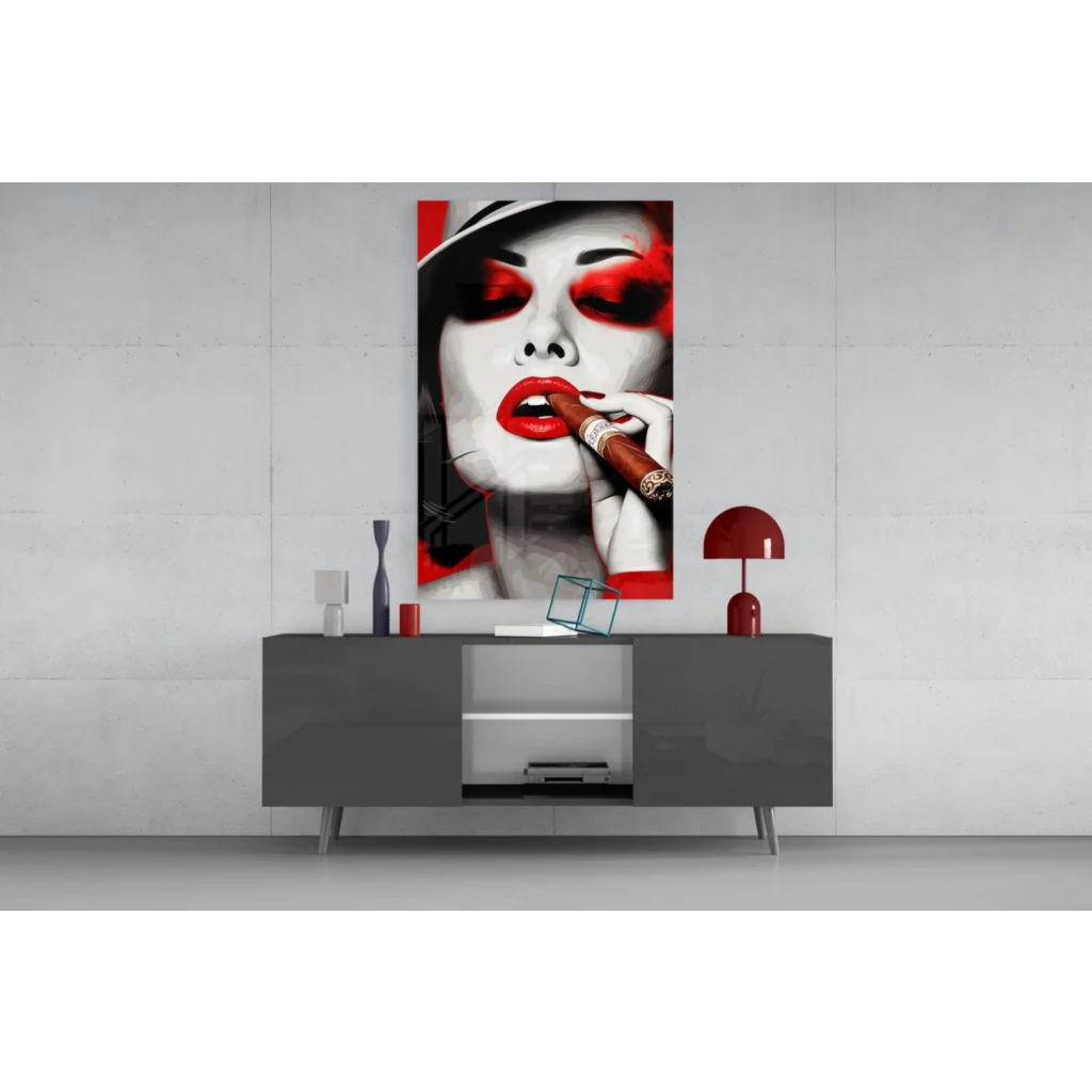 Glamorous red lips glass wall art with glossy red lipstick tube and silver cap