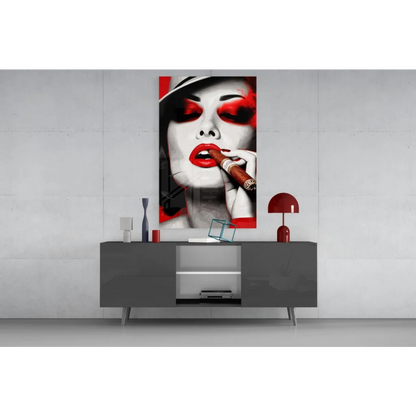 Glamorous red lips glass wall art with glossy red lipstick tube and silver cap