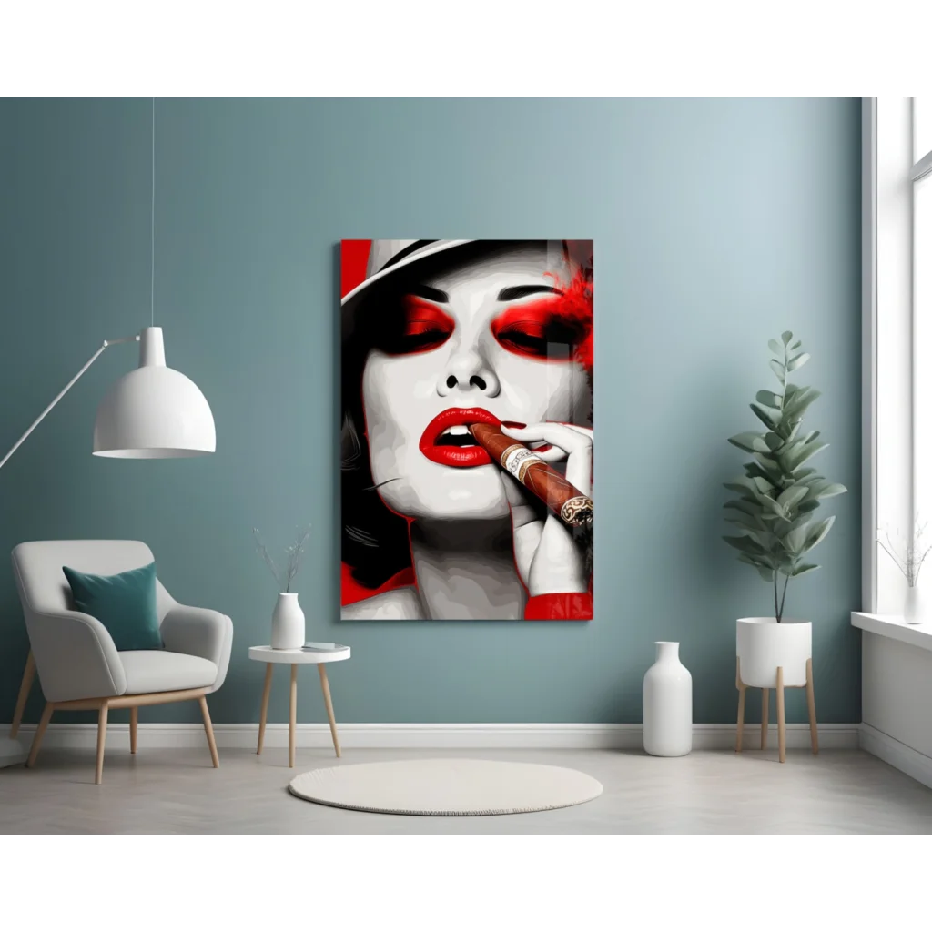 Red and black pop art glass wall art of glamorous woman smoking cigar