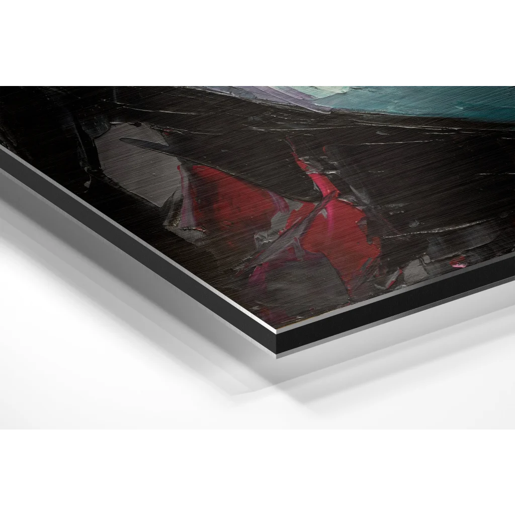 Stunning abstract art with bold red black brushstrokes on brushed aluminium dibond