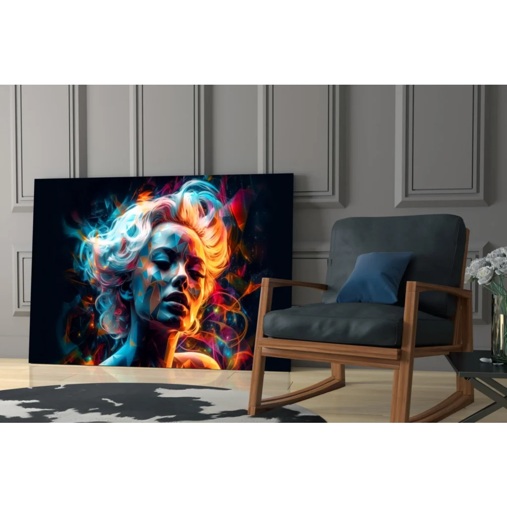 Vibrant swirling energy portrait glass wall art on black background