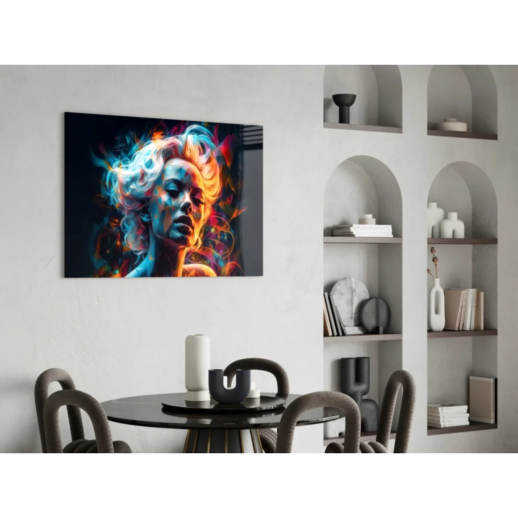 Vibrant swirling energy portrait glass wall art of womans fiery face