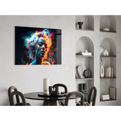 Vibrant swirling energy portrait glass wall art of womans fiery face