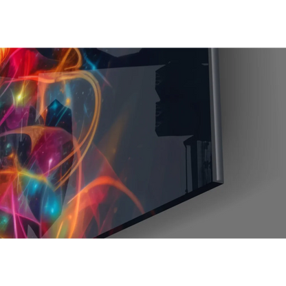 Sleek glass wall art with swirling neon energy portrait on canvas