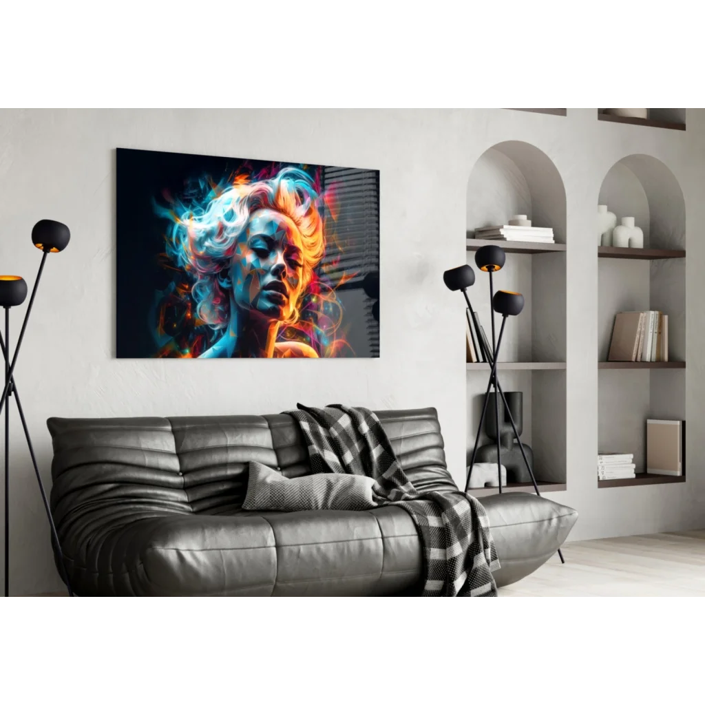 Vibrant swirling energy portrait glass wall art with blue orange flames