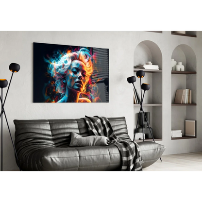Vibrant swirling energy portrait glass wall art with blue orange flames