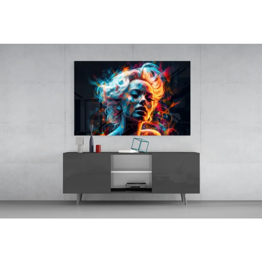 Swirling energy portrait glass wall art with vibrant flames