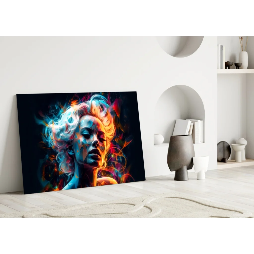 Stylized woman with swirling blue orange pink energy on black glass wall art canvas