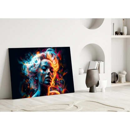 Stylized woman with swirling blue orange pink energy on black glass wall art canvas